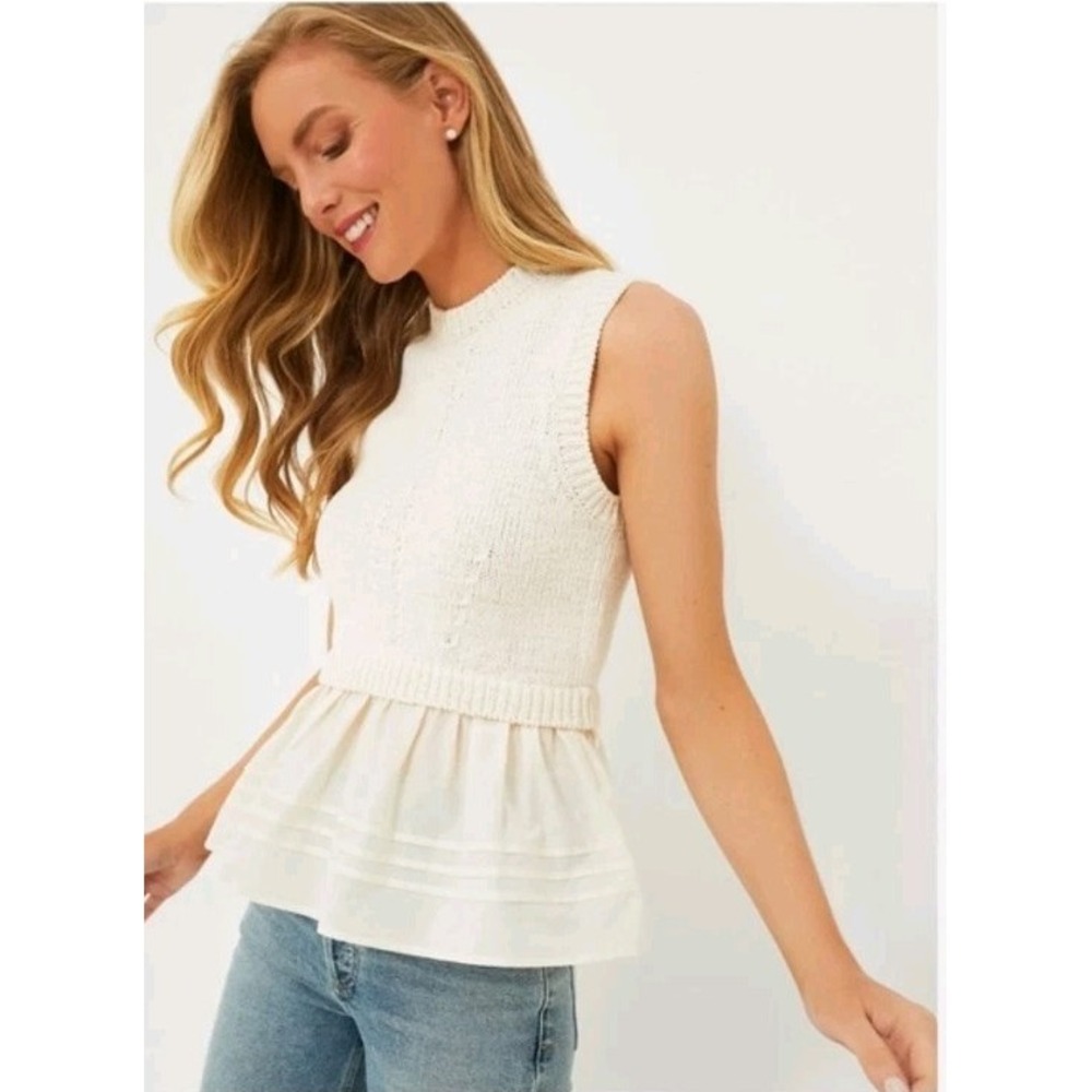ULLA JOHNSON Edda Sweater Combo Sleeveless Peplum Top Knit Silk Ivory P XS